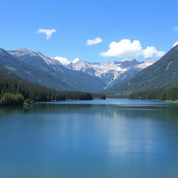 A beautiful landscape featuring a serene lake surrounded by lush green forests and majestic mountains in the background, with a clear blue sky and a few fluffy white clouds