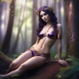 A full body shot of a petite, freckled, wavy-haired brunette elf priestess with long pointy ears, in a purple and gold bikini, laying down