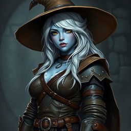 A dark elf curvy girl with light blue skin, wearing a wide brim hat, white hair, and full brown leather armor