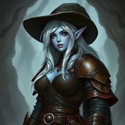 A dark elf curvy girl with light blue skin, wearing a wide brim hat, white hair, and full brown leather armor