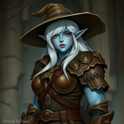 A dark elf curvy girl with light blue skin, wearing a wide brim hat, white hair, and full brown leather armor