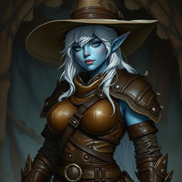 A dark elf curvy girl with light blue skin, wearing a wide brim hat, white hair, and full brown leather armor