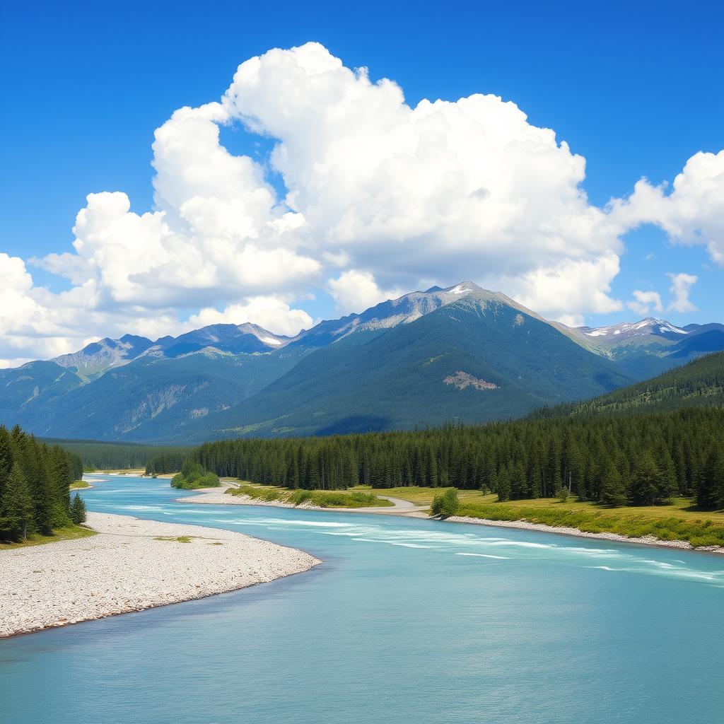 A beautiful landscape with mountains, a river flowing through a forest, and a clear blue sky with fluffy white clouds