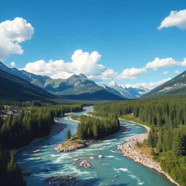 A beautiful landscape with mountains, a river flowing through a forest, and a clear blue sky with fluffy white clouds