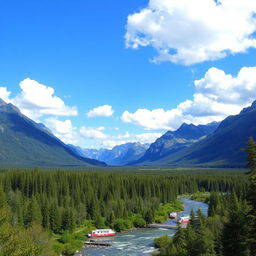 A beautiful landscape with mountains, a river flowing through a forest, and a clear blue sky with fluffy white clouds