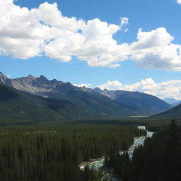 A beautiful landscape with mountains, a river flowing through a forest, and a clear blue sky with fluffy white clouds