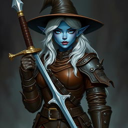 A dark elf curvy girl with light blue skin, wearing a wide brim hat, white hair, and full brown leather armor, holding a rapier in her hand