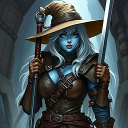 A dark elf curvy girl with light blue skin, wearing a wide brim hat, white hair, and full brown leather armor, holding a rapier in her hand