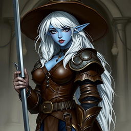 A dark elf curvy girl with light blue skin, wearing a wide brim hat, white hair, and full brown leather armor, holding a rapier in her hand