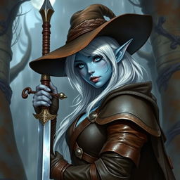 A dark elf curvy girl with light blue skin, wearing a wide brim hat, white hair, and full brown leather armor, holding a rapier in her hand