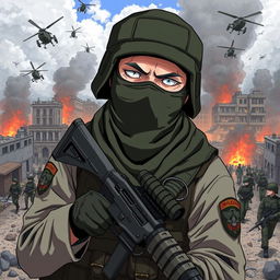 An anime-style illustration of a soldier with a mask covering his entire face, holding a weapon