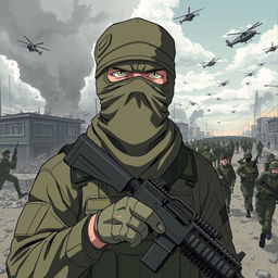 An anime-style illustration of a soldier with a mask covering his entire face, holding a weapon