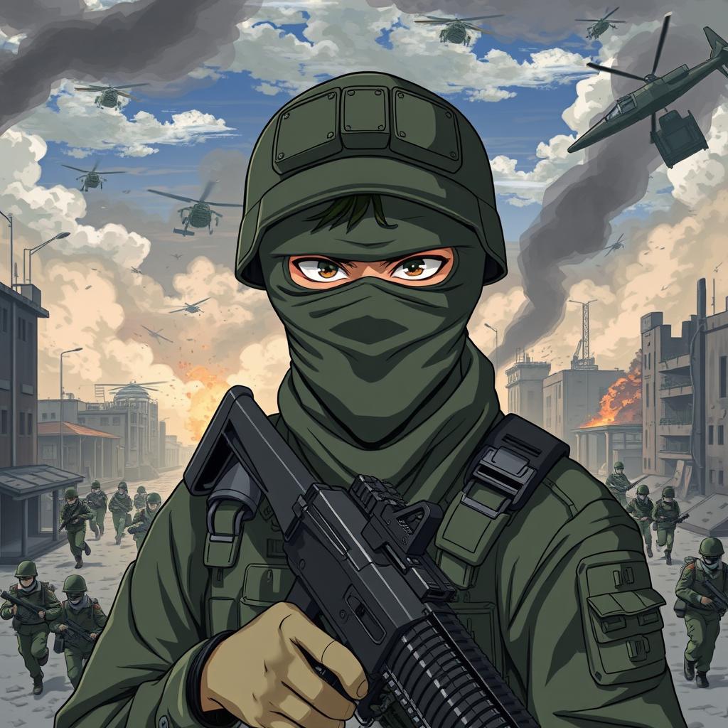 An anime-style illustration of a soldier with a mask covering his entire face, holding a weapon