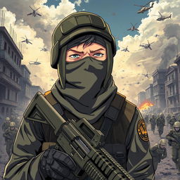 An anime-style illustration of a soldier with a mask covering his entire face, holding a weapon