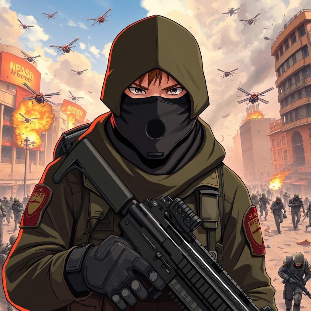 A 3D anime-style illustration of a soldier with a mask covering his entire face, holding a weapon