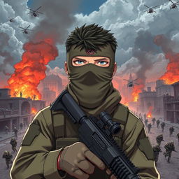 A 3D anime-style illustration of a soldier with a mask covering his entire face, holding a weapon