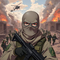 A 3D anime-style illustration of a soldier with a mask covering his entire face, holding a weapon