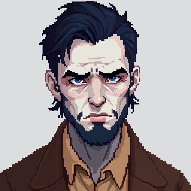 A pixel art portrait of a sad man with white skin