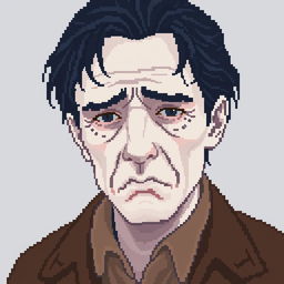 A pixel art portrait of a sad man with white skin