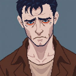 A pixel art portrait of a sad man with white skin