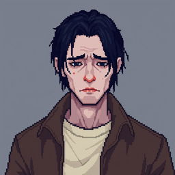 A pixel art portrait of a sad man with white skin