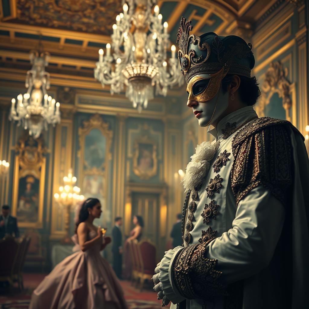 A prince wearing an elegant mask stands in a grand ballroom