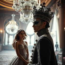 A prince wearing an elegant mask stands in a grand ballroom