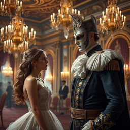 A prince wearing an elegant mask stands in a grand ballroom