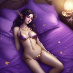 A full body shot of a petite, freckled, wavy-haired brunette elf priestess with long pointy ears, in a purple and gold bikini, laying down in bed