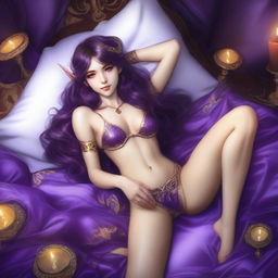 A full body shot of a petite, freckled, wavy-haired brunette elf priestess with long pointy ears, in a purple and gold bikini, laying down in a bed