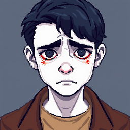 A pixel art portrait of a little sad man with white skin