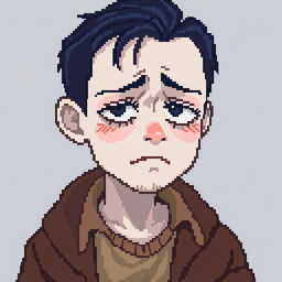 A pixel art portrait of a little sad man with white skin