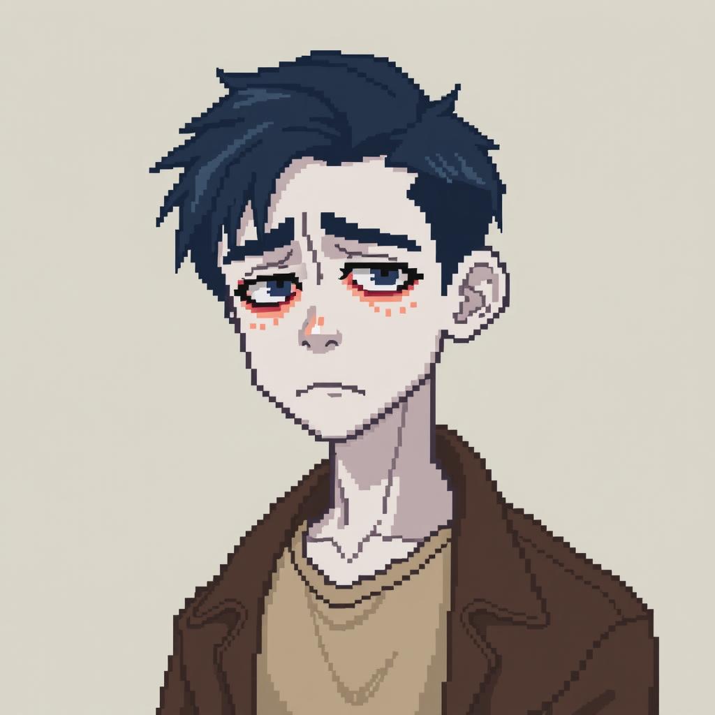 A pixel art portrait of a little sad man with white skin