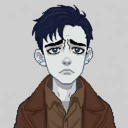 A pixel art portrait of a little sad man with white skin