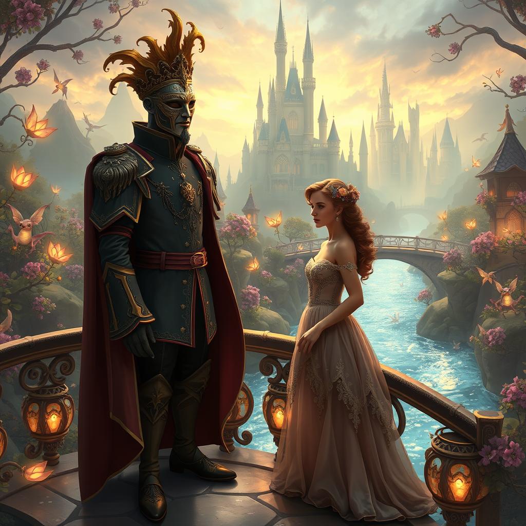 In a magical fantasy kingdom, a prince wearing an ornate mask stands on a bridge over a sparkling river