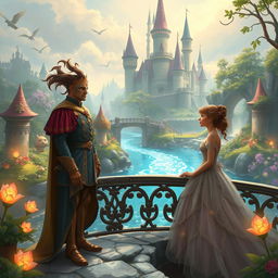 In a magical fantasy kingdom, a prince wearing an ornate mask stands on a bridge over a sparkling river