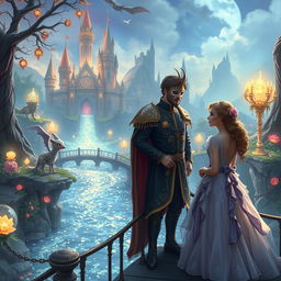 In a magical fantasy kingdom, a prince wearing an ornate mask stands on a bridge over a sparkling river