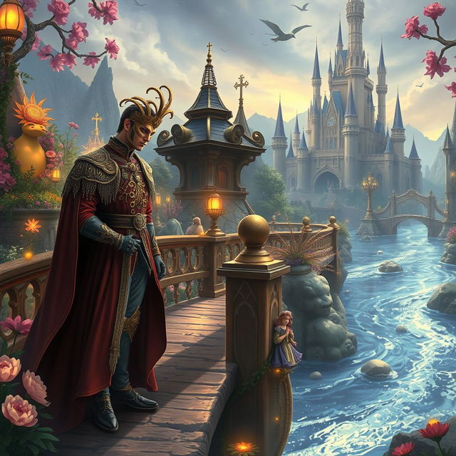 In a magical fantasy kingdom, a prince wearing an ornate mask stands on a bridge over a sparkling river