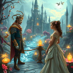 In a magical fantasy kingdom, a prince wearing an ornate mask stands on a bridge over a sparkling river