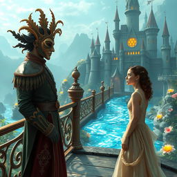 In a magical fantasy kingdom, a prince wearing an ornate mask stands on a bridge over a sparkling river