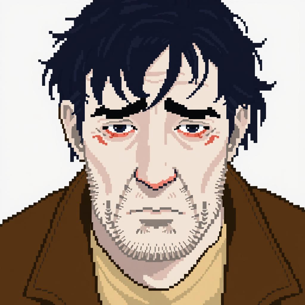 A pixel art portrait of a sad man around 40 years old with white skin