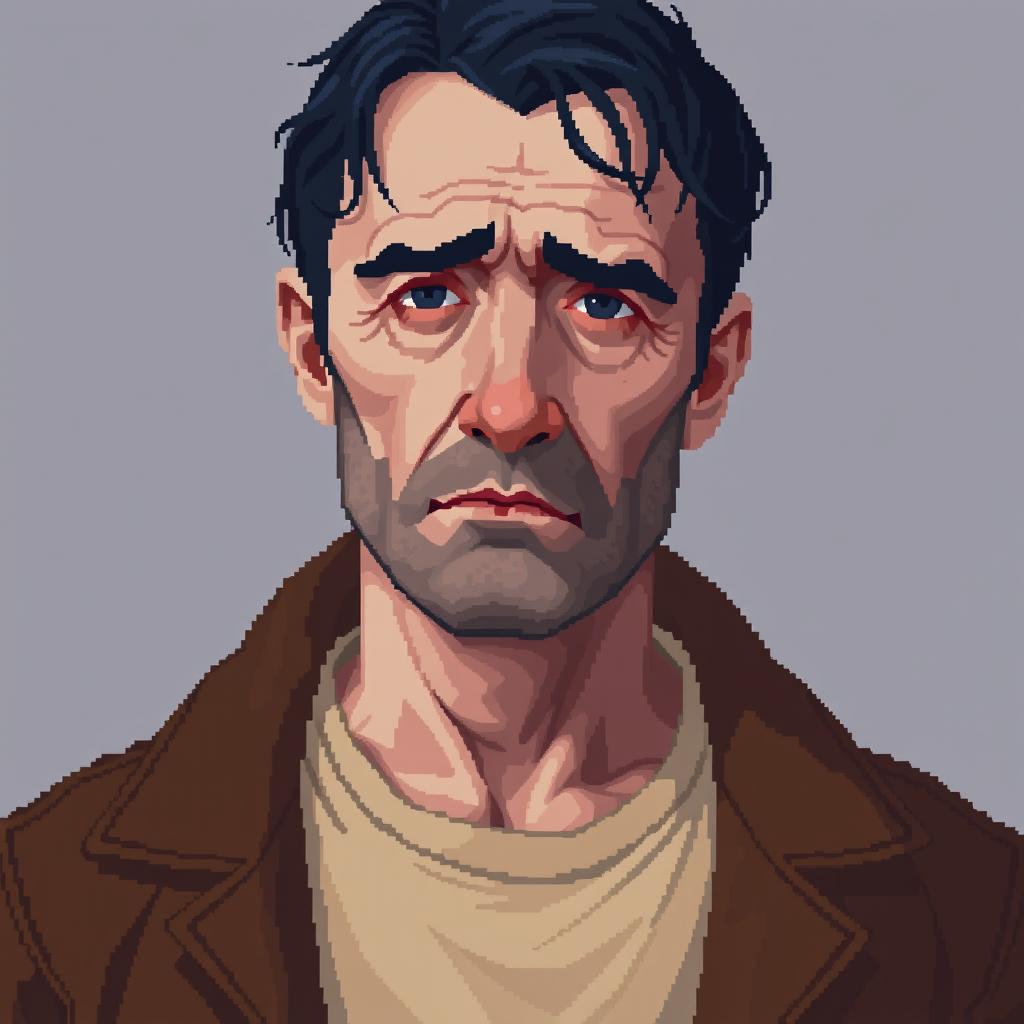 A pixel art portrait of a sad man around 40 years old with white skin