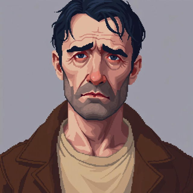 A pixel art portrait of a sad man around 40 years old with white skin