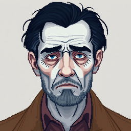 A pixel art portrait of a sad man around 40 years old with white skin