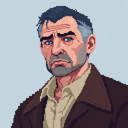 A pixel art portrait of a sad man around 40 years old with white skin