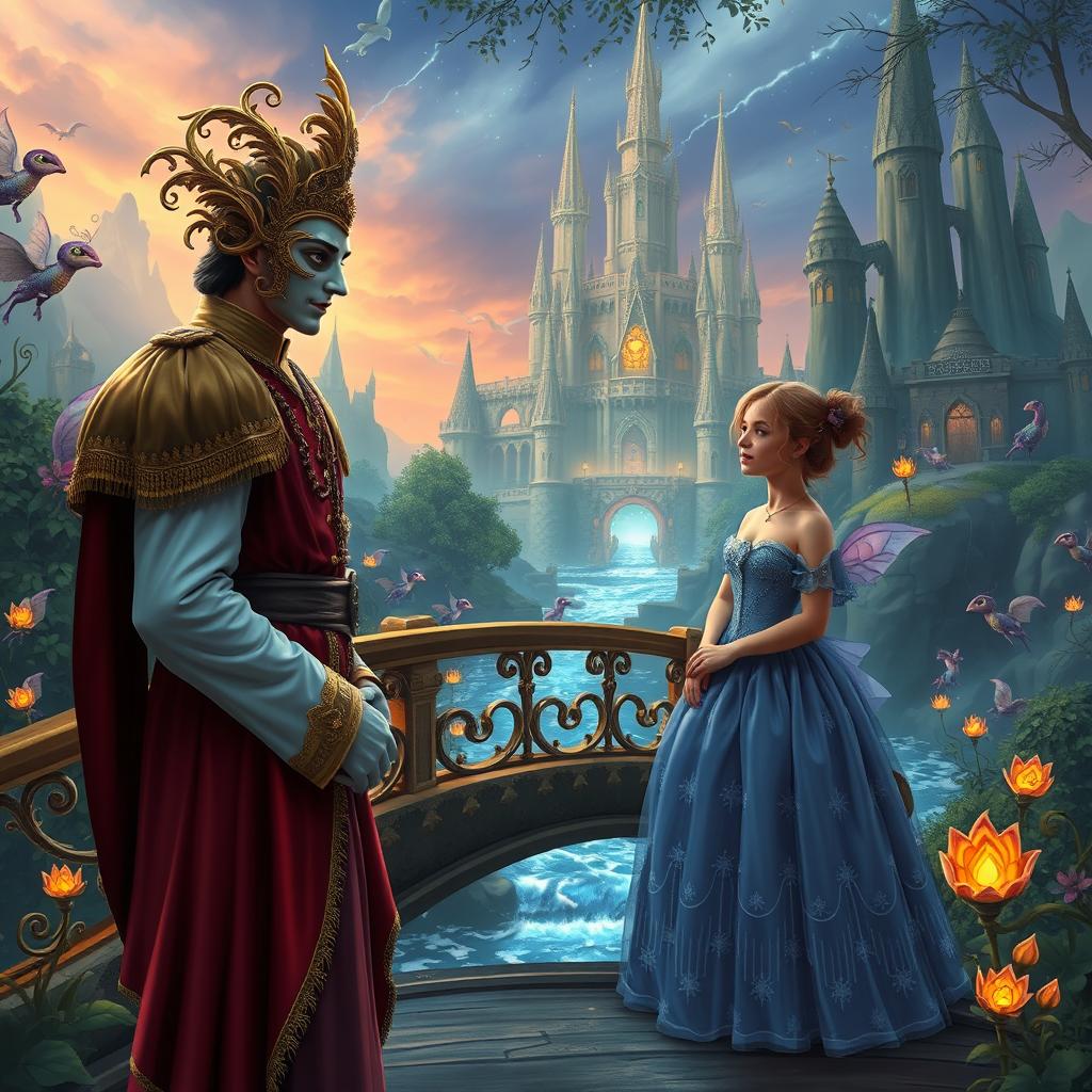 In a magical fantasy kingdom, a prince wearing an ornate mask stands on a bridge over a sparkling river
