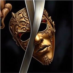 A detailed image of a mask being sliced in half by a sword