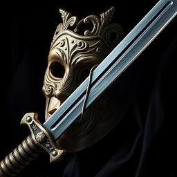 A detailed image of a mask being sliced in half by a sword