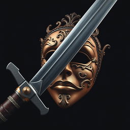 A detailed image of a mask being sliced in half by a sword