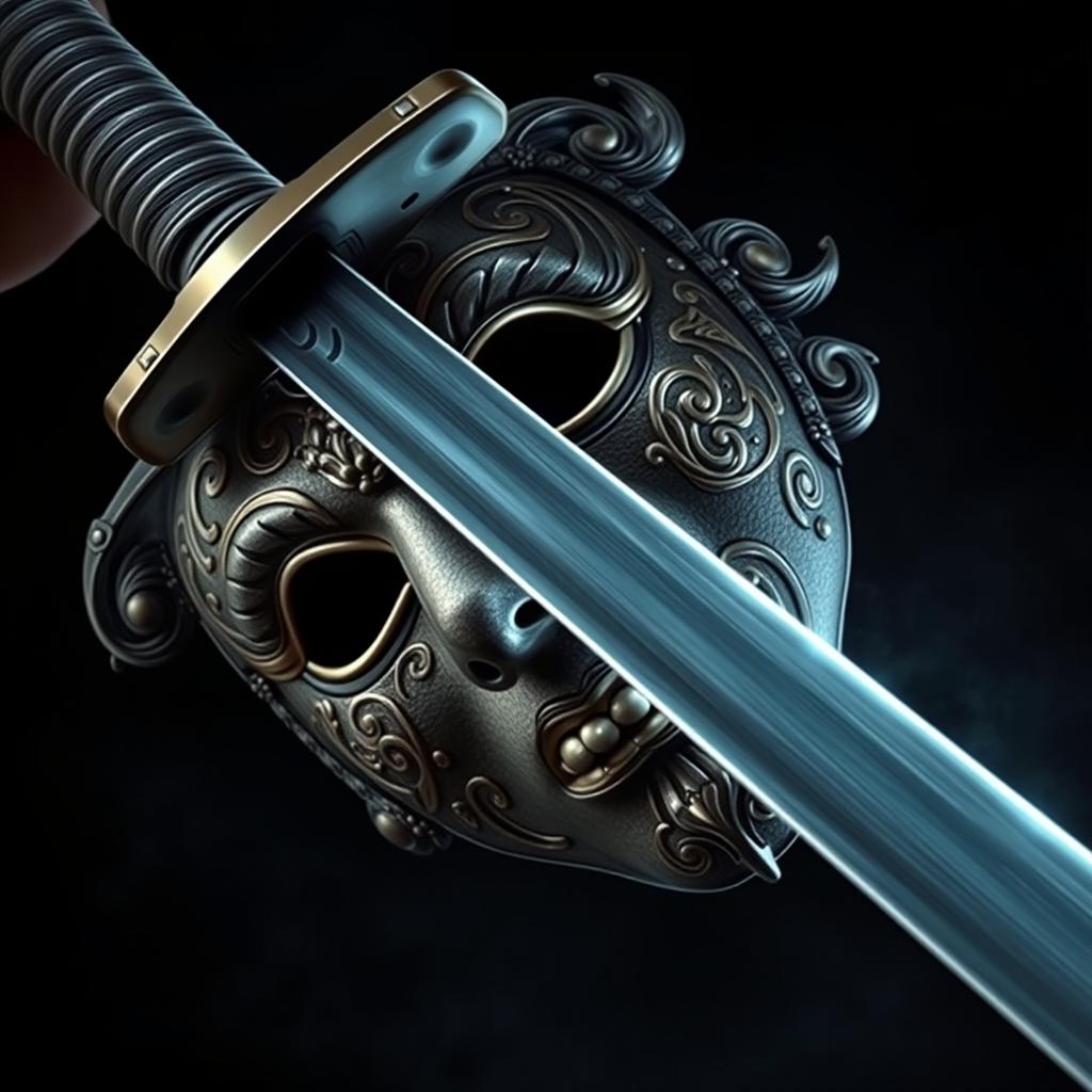 A detailed image of a mask being sliced in half by a sword